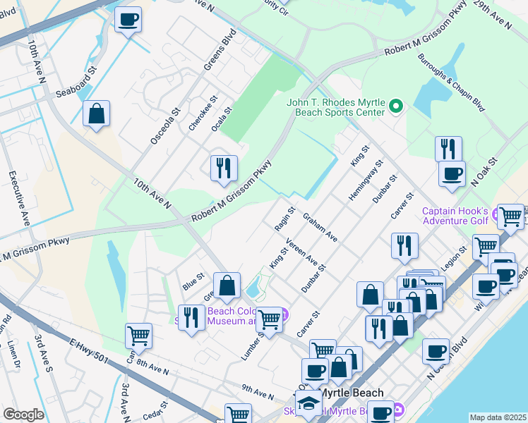 map of restaurants, bars, coffee shops, grocery stores, and more near 1203 Washington Street in Myrtle Beach