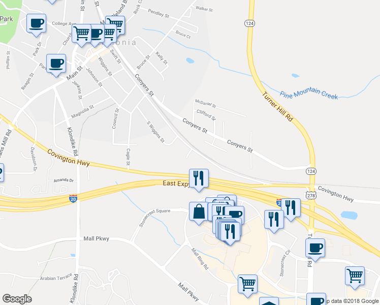 map of restaurants, bars, coffee shops, grocery stores, and more near 7251 Swift Street in Lithonia