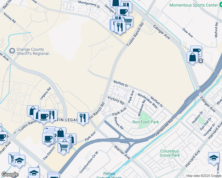 map of restaurants, bars, coffee shops, grocery stores, and more near 285 Lodestar in Tustin