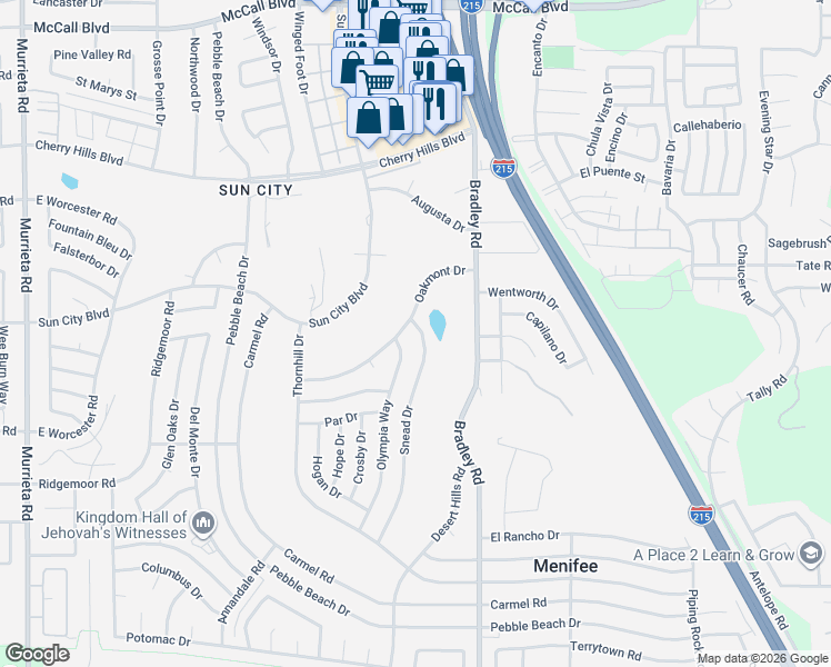 map of restaurants, bars, coffee shops, grocery stores, and more near 28641 Snead Drive in Menifee