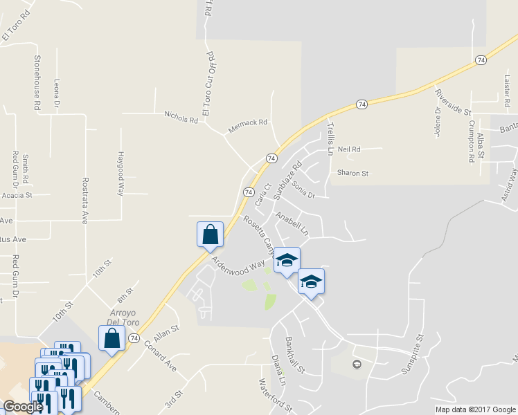 map of restaurants, bars, coffee shops, grocery stores, and more near 45008 Carla Court in Lake Elsinore