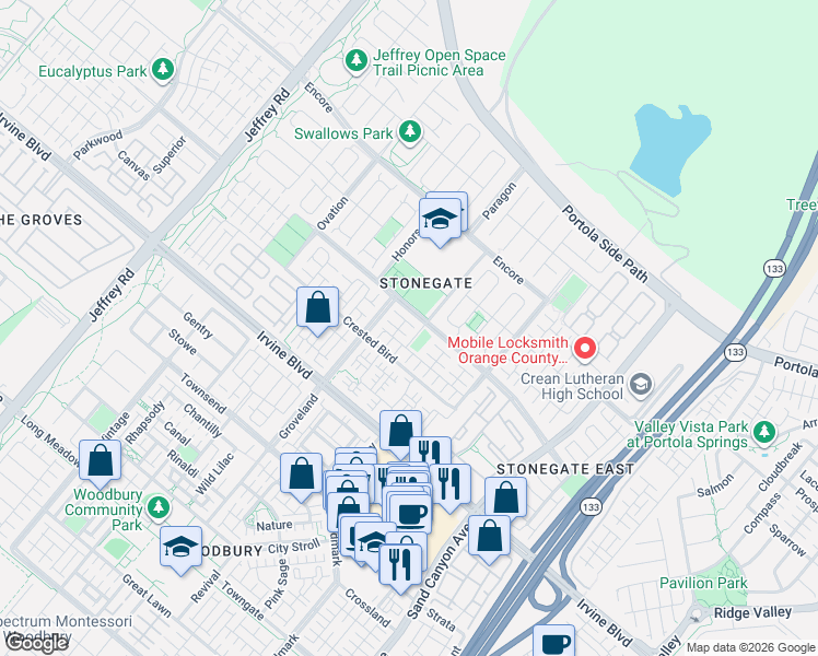 map of restaurants, bars, coffee shops, grocery stores, and more near 35 Larkfield in Irvine
