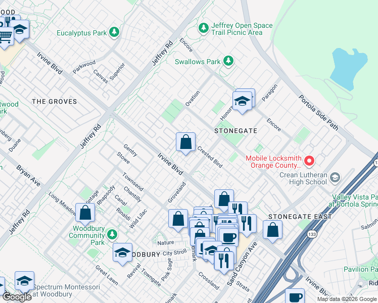 map of restaurants, bars, coffee shops, grocery stores, and more near 68 Mayfair in Irvine