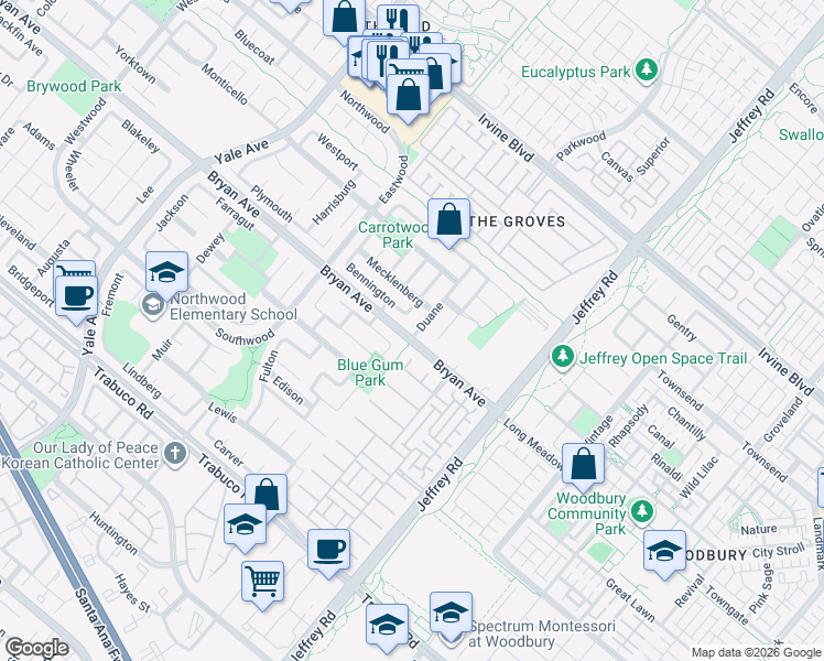 map of restaurants, bars, coffee shops, grocery stores, and more near 27 Duane in Irvine