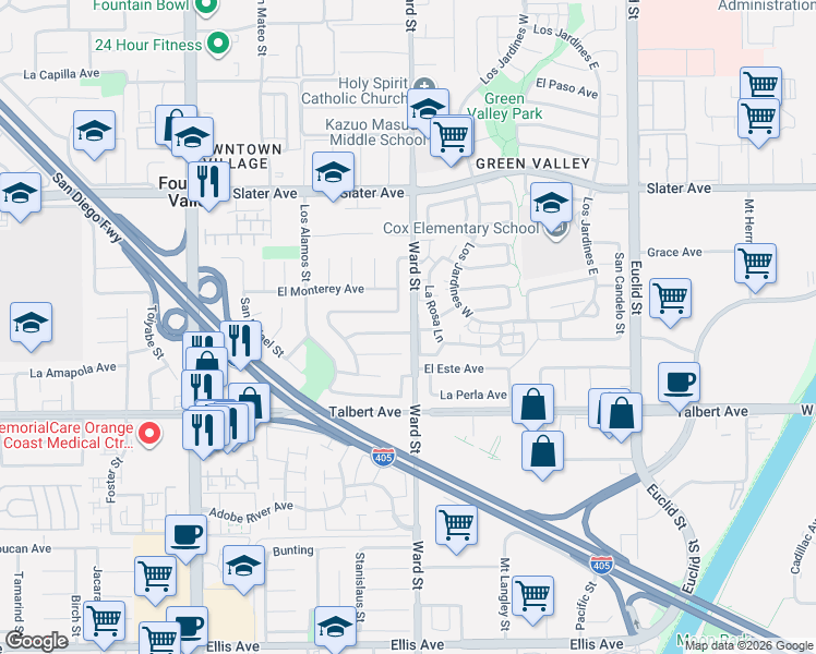 map of restaurants, bars, coffee shops, grocery stores, and more near 10444 La Cebra Avenue in Fountain Valley