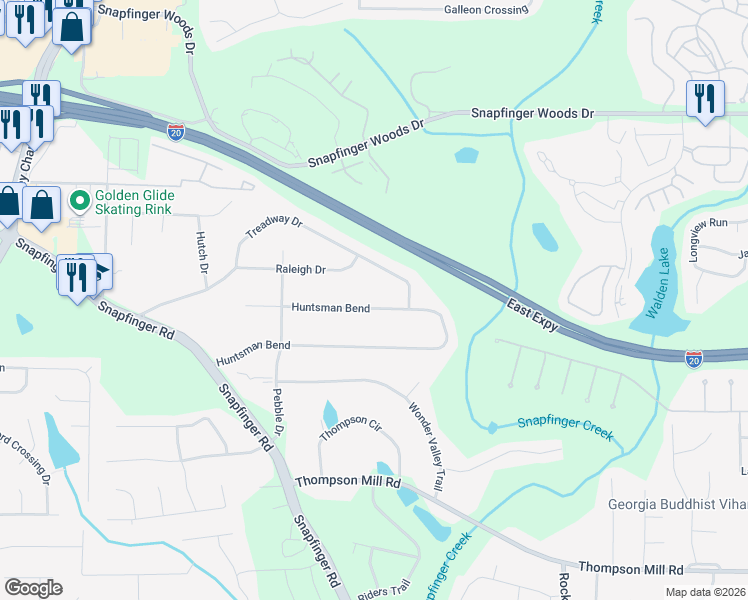 map of restaurants, bars, coffee shops, grocery stores, and more near 4733 Huntsman Bend in Decatur
