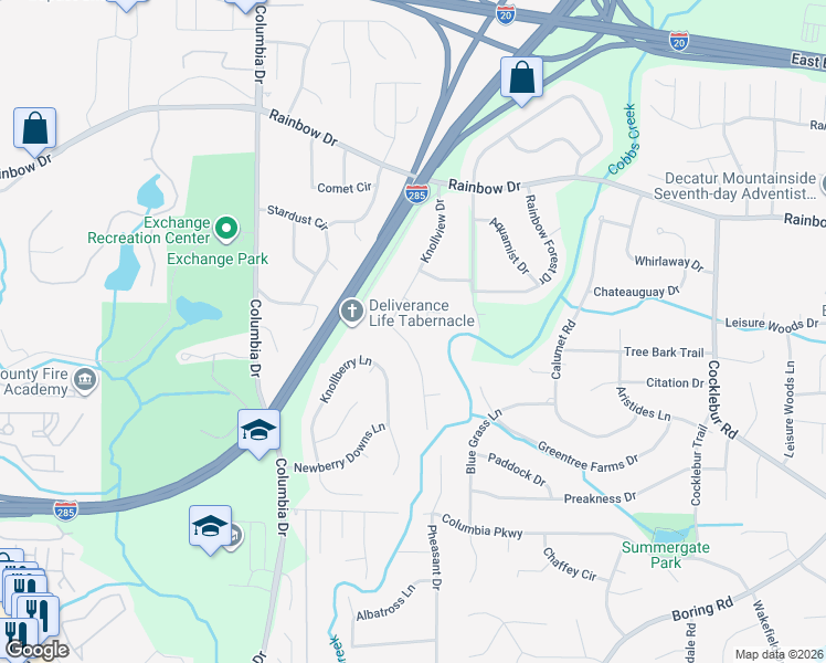 map of restaurants, bars, coffee shops, grocery stores, and more near 3529 Knollview Court in Decatur