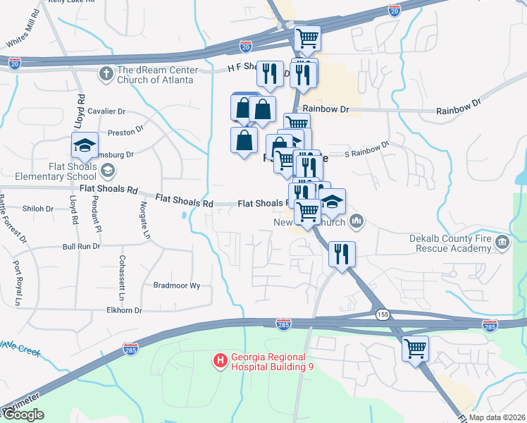map of restaurants, bars, coffee shops, grocery stores, and more near 3463 Flat Shoals Road in Decatur