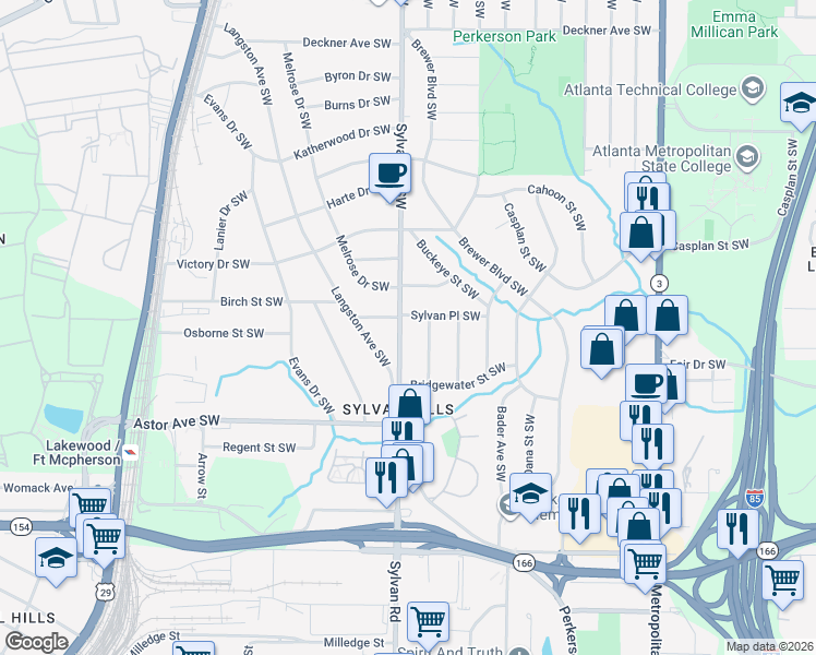 map of restaurants, bars, coffee shops, grocery stores, and more near 1842 Sylvan Road Southwest in Atlanta