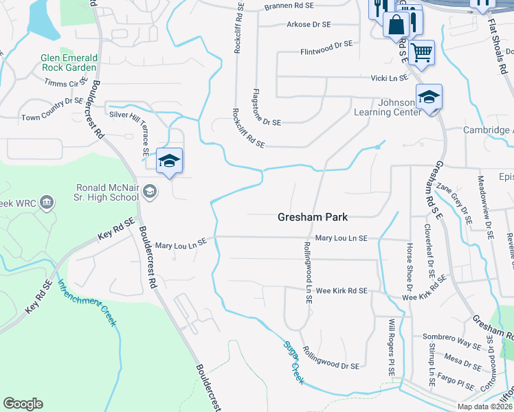 map of restaurants, bars, coffee shops, grocery stores, and more near 1726 Boulderview Drive Southeast in Atlanta