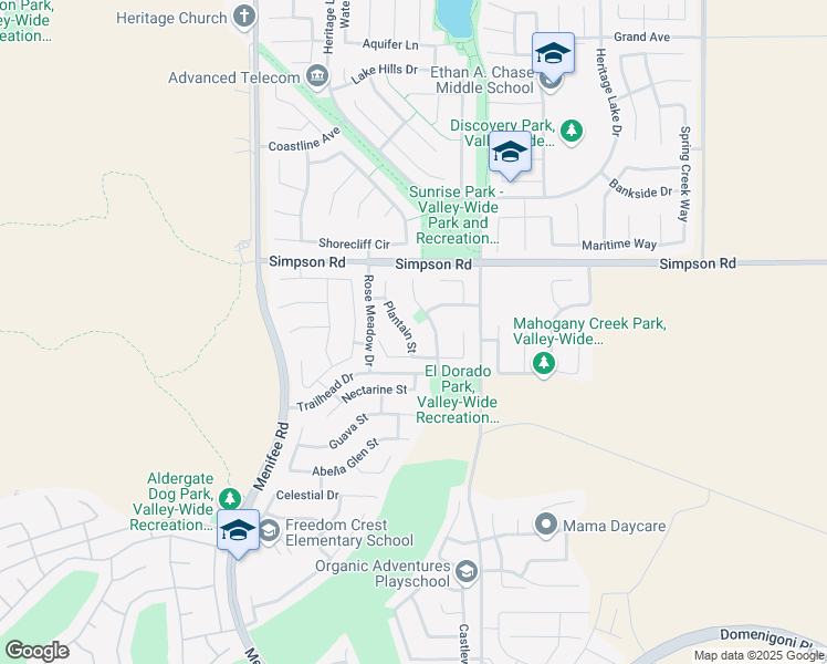 map of restaurants, bars, coffee shops, grocery stores, and more near 28662 Plantain Street in Menifee
