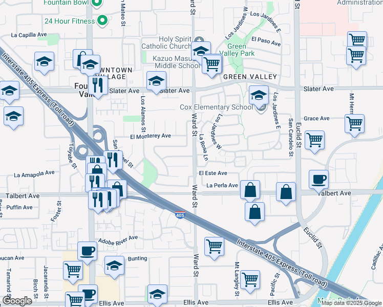 map of restaurants, bars, coffee shops, grocery stores, and more near 10485 La Sombra Avenue in Fountain Valley