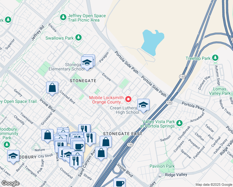 map of restaurants, bars, coffee shops, grocery stores, and more near 93 Coleridge in Irvine
