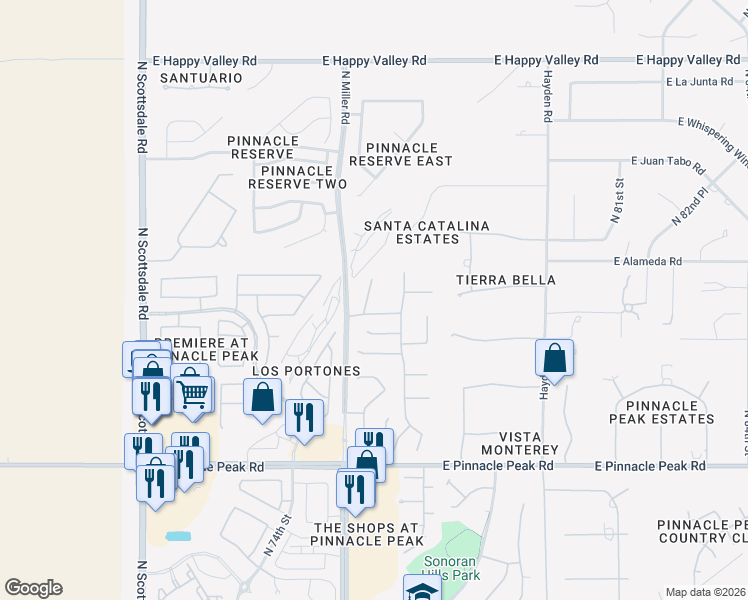 map of restaurants, bars, coffee shops, grocery stores, and more near 24047 North 76th Place in Scottsdale