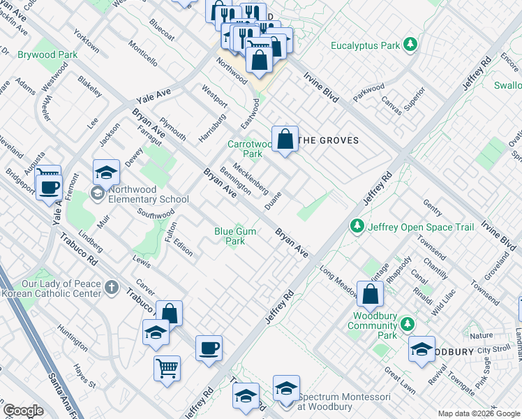 map of restaurants, bars, coffee shops, grocery stores, and more near 27 Duane in Irvine