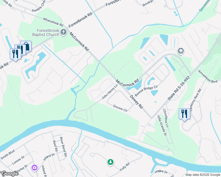map of restaurants, bars, coffee shops, grocery stores, and more near 114 Clovis Circle in Myrtle Beach