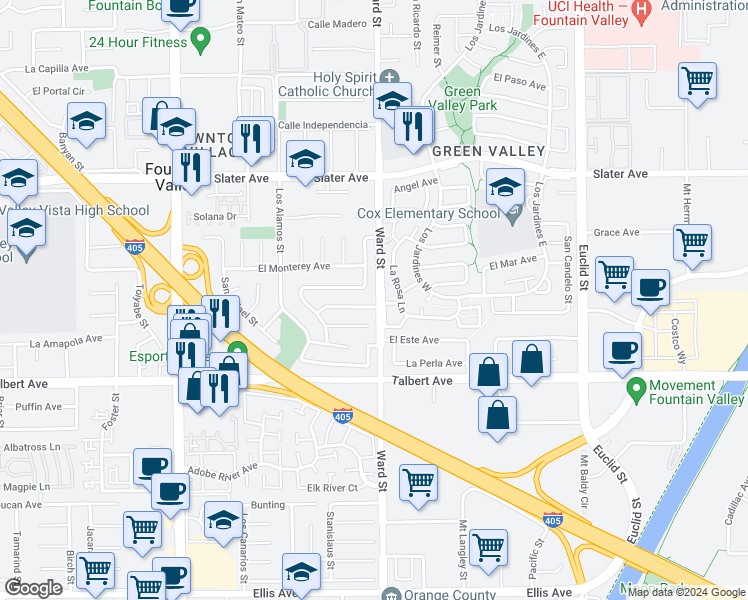 map of restaurants, bars, coffee shops, grocery stores, and more near 10485 La Sombra Avenue in Fountain Valley