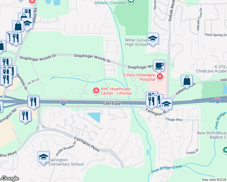 map of restaurants, bars, coffee shops, grocery stores, and more near 2804 Keystone Avenue in Lithonia