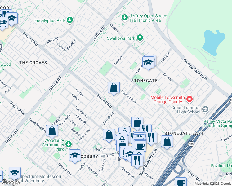 map of restaurants, bars, coffee shops, grocery stores, and more near 68 Mayfair in Irvine