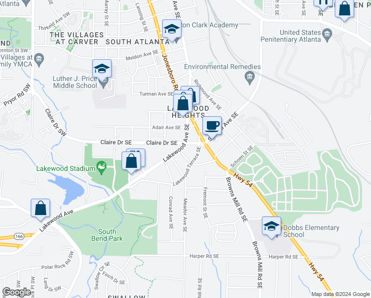 map of restaurants, bars, coffee shops, grocery stores, and more near 1808 Lakewood Avenue Southeast in Atlanta