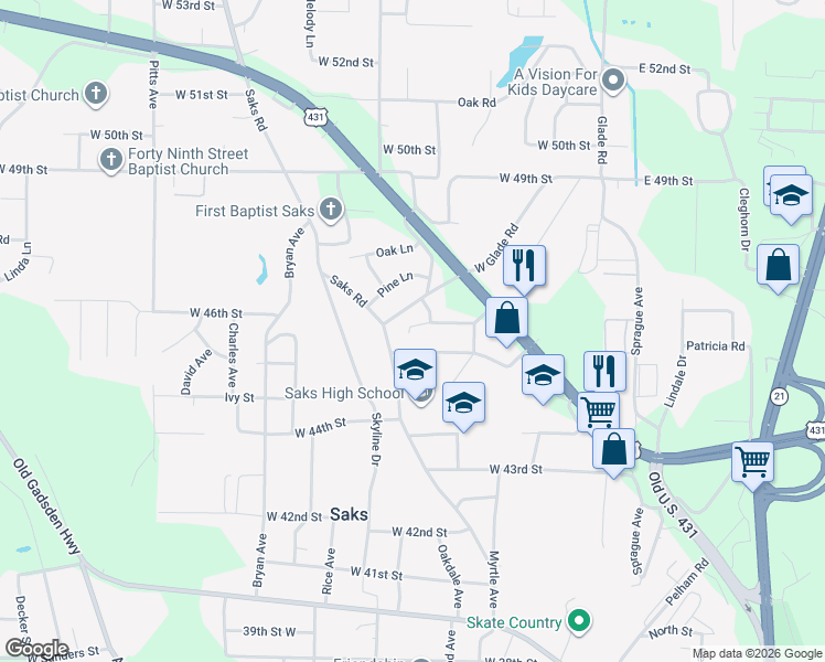 map of restaurants, bars, coffee shops, grocery stores, and more near 428 West Glade Road in Anniston