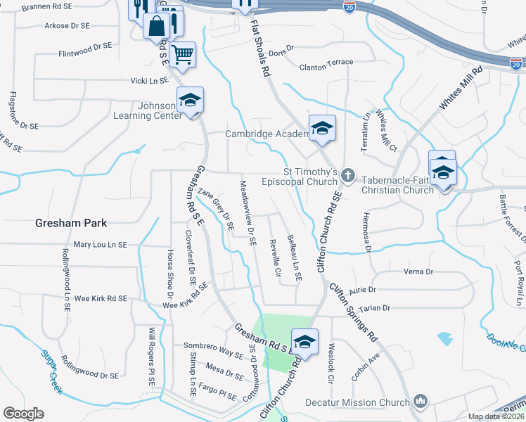 map of restaurants, bars, coffee shops, grocery stores, and more near 2108 Meadowview Lane Southeast in Atlanta