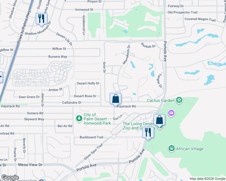 map of restaurants, bars, coffee shops, grocery stores, and more near 73587 El Hasson Circle in Palm Desert