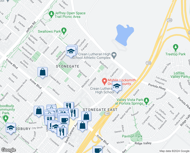 map of restaurants, bars, coffee shops, grocery stores, and more near 93 Coleridge in Irvine