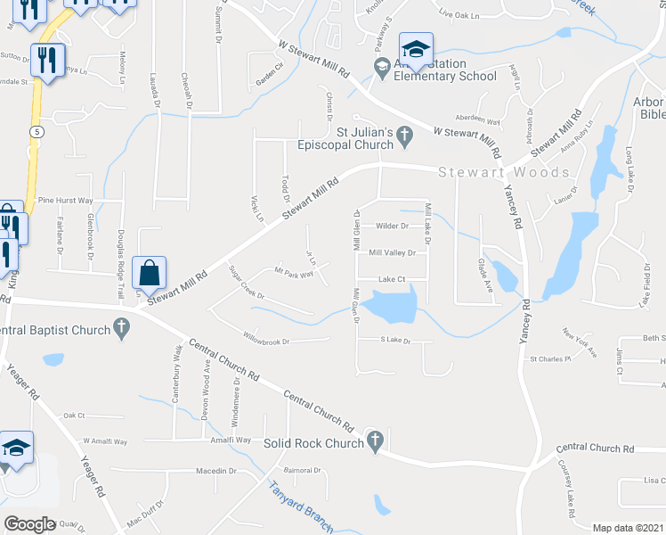 map of restaurants, bars, coffee shops, grocery stores, and more near 5569 Mountain Park Way in Douglasville