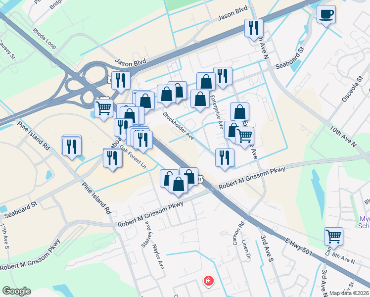 map of restaurants, bars, coffee shops, grocery stores, and more near 1898 Stockholder Avenue in Myrtle Beach
