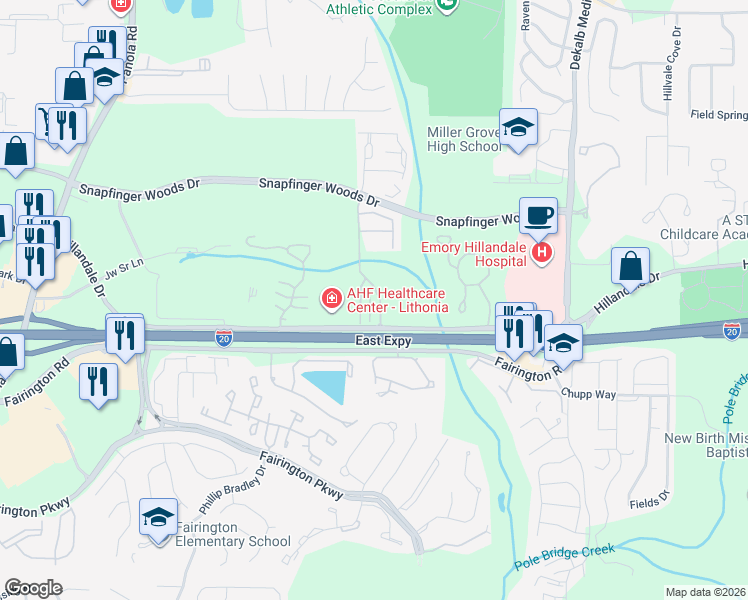 map of restaurants, bars, coffee shops, grocery stores, and more near 2804 Keystone Avenue in Lithonia
