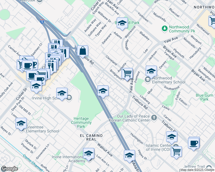 map of restaurants, bars, coffee shops, grocery stores, and more near in Irvine