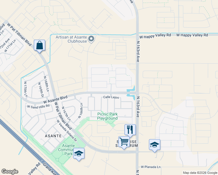 map of restaurants, bars, coffee shops, grocery stores, and more near 24302 North 164th Drive in Surprise