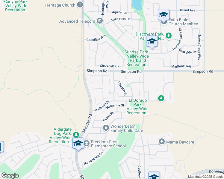 map of restaurants, bars, coffee shops, grocery stores, and more near 28634 Wedelia Street in Menifee