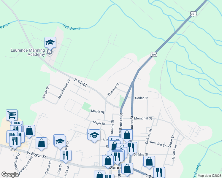 map of restaurants, bars, coffee shops, grocery stores, and more near 415 Thames Street in Manning