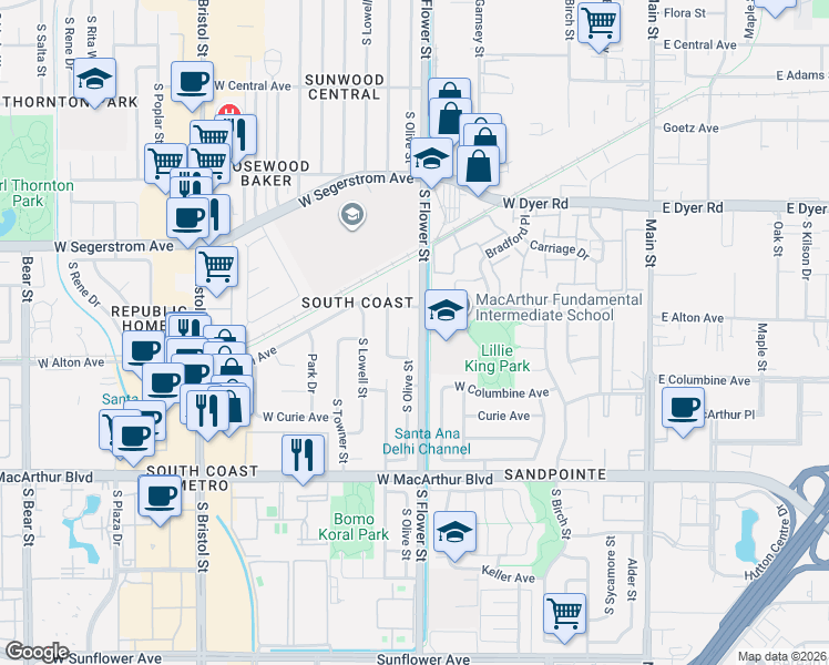 map of restaurants, bars, coffee shops, grocery stores, and more near 3209 South Olive Street in Santa Ana