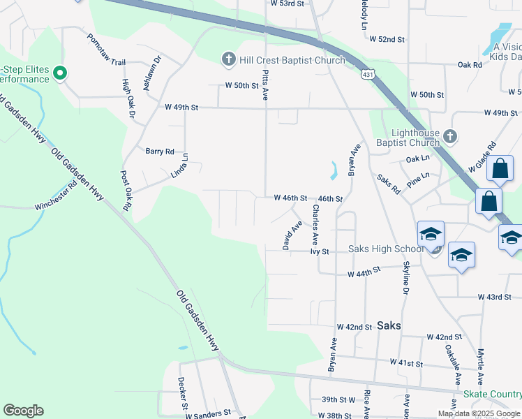 map of restaurants, bars, coffee shops, grocery stores, and more near 4530 Westbrook Lane in Anniston
