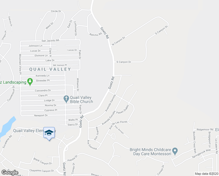 map of restaurants, bars, coffee shops, grocery stores, and more near Goetz Road in Menifee