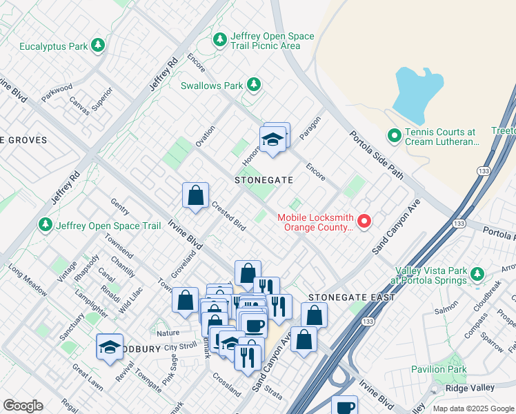 map of restaurants, bars, coffee shops, grocery stores, and more near 37 Larkfield in Irvine