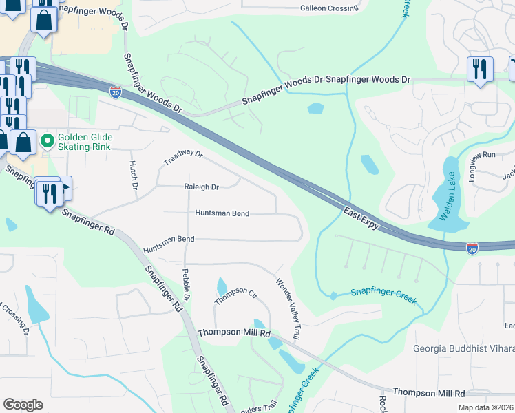 map of restaurants, bars, coffee shops, grocery stores, and more near 2594 Treadway Drive in Decatur