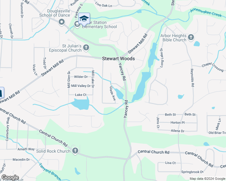map of restaurants, bars, coffee shops, grocery stores, and more near 3740 Glade Avenue in Douglasville