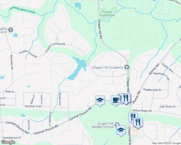 map of restaurants, bars, coffee shops, grocery stores, and more near 5053 Chapel Crossing Road in Douglasville