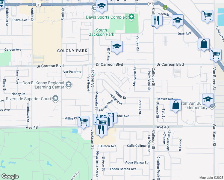 map of restaurants, bars, coffee shops, grocery stores, and more near 83175 Albion Drive in Indio