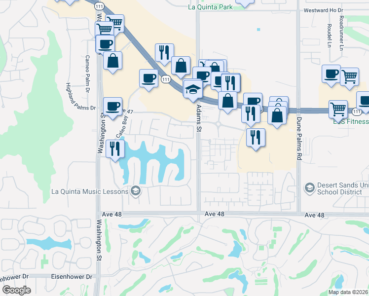 map of restaurants, bars, coffee shops, grocery stores, and more near 78975 Dulce Del Mar in La Quinta