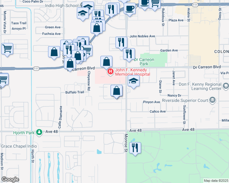 map of restaurants, bars, coffee shops, grocery stores, and more near 47395 Monroe Street in Indio
