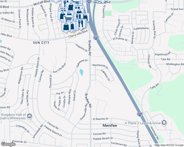 map of restaurants, bars, coffee shops, grocery stores, and more near 28656 Bradley Road in Menifee