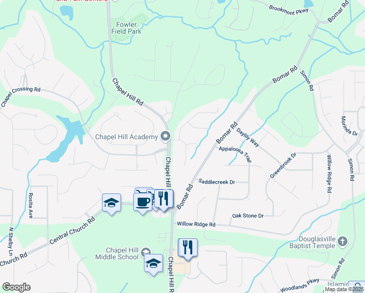 map of restaurants, bars, coffee shops, grocery stores, and more near 3705 Winding Trail Court in Douglasville