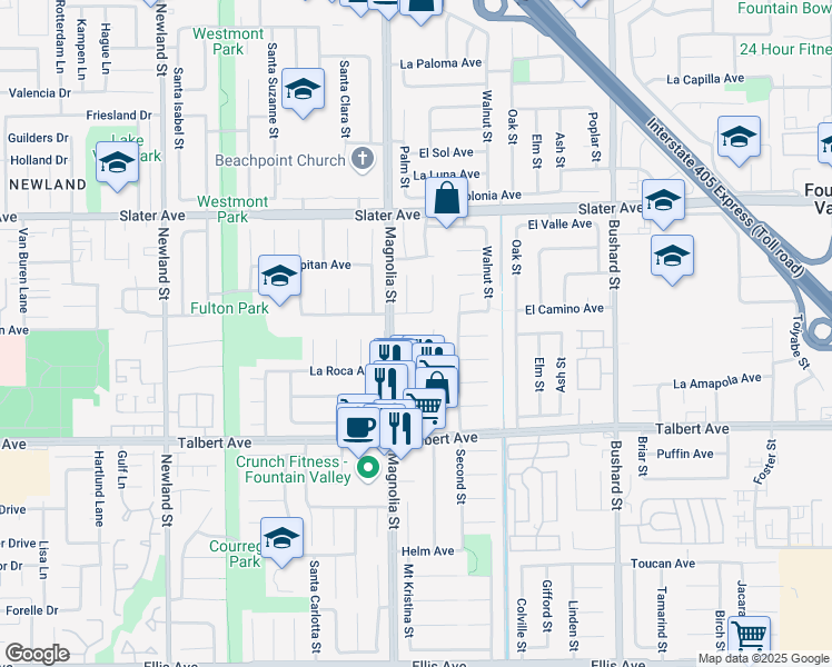 map of restaurants, bars, coffee shops, grocery stores, and more near 9074 Windsor Avenue in Fountain Valley