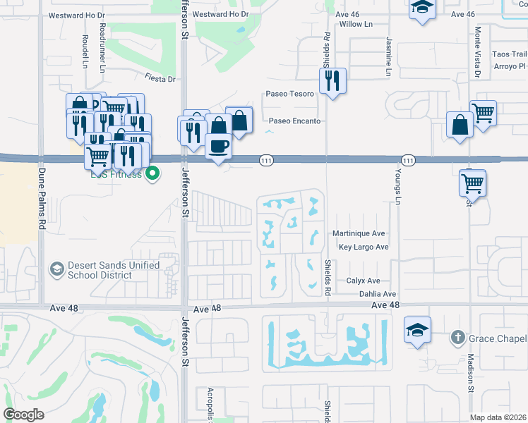 map of restaurants, bars, coffee shops, grocery stores, and more near 80394 Avenue 48 in Indio