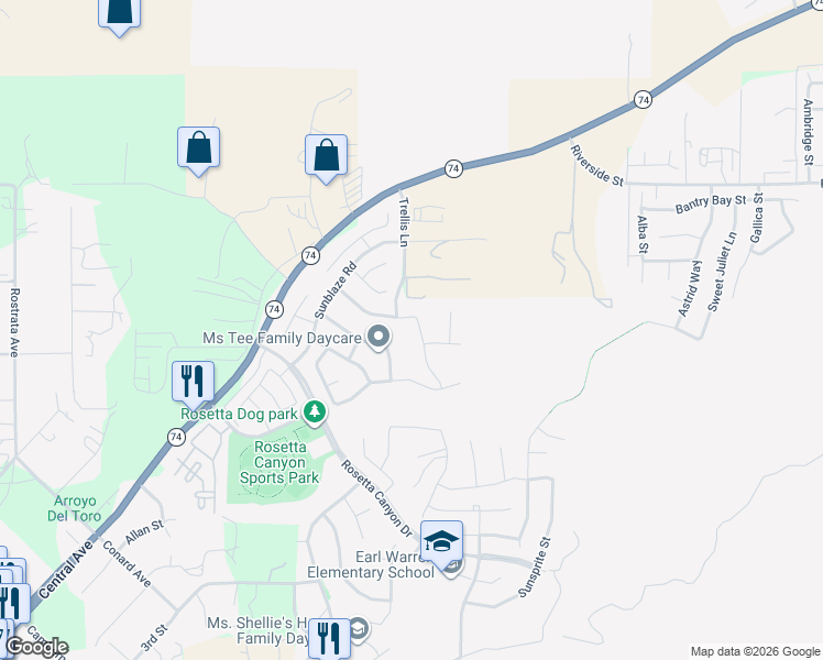 map of restaurants, bars, coffee shops, grocery stores, and more near 45029 Sonia Drive in Lake Elsinore